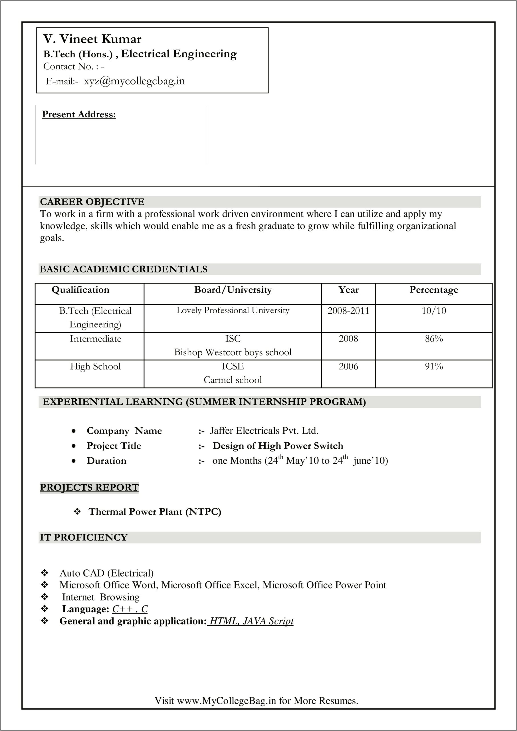 Resume For Electrical Engineer With Experience Pdf
