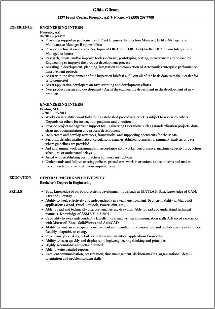 Resume For Engineering Internship Sample