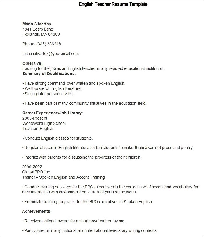 Resume For English Teacher Job
