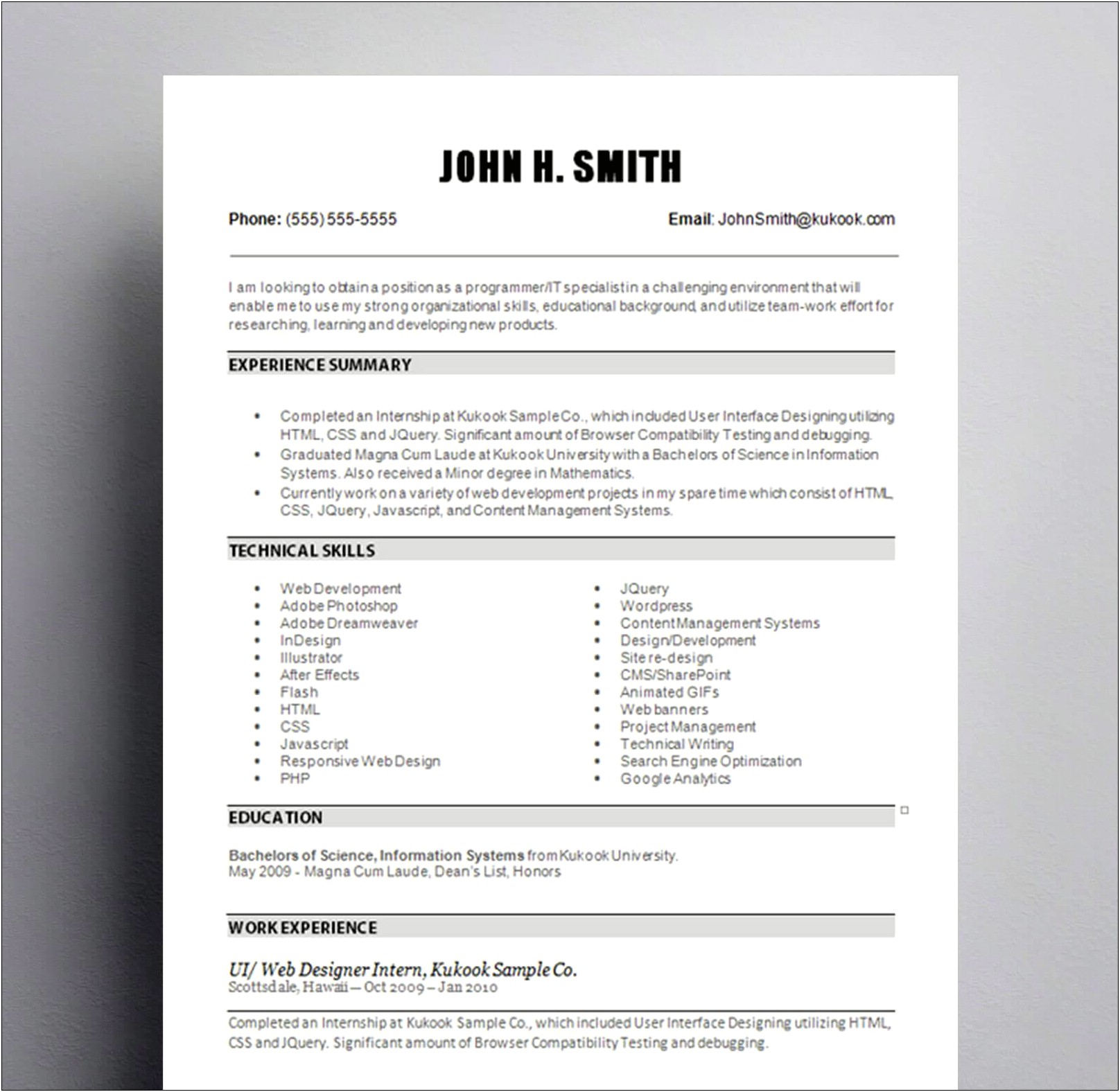 Resume For Entry Level Job For User Interface
