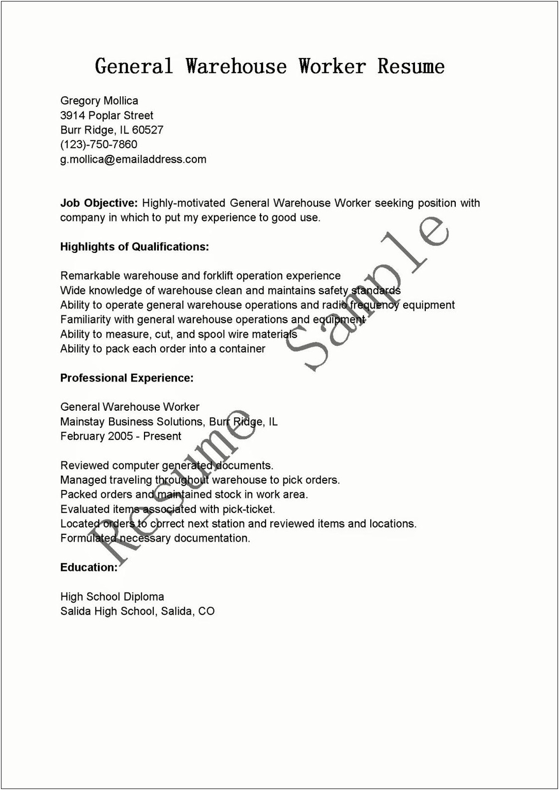 Resume For Entry Level Warehouse Jobs