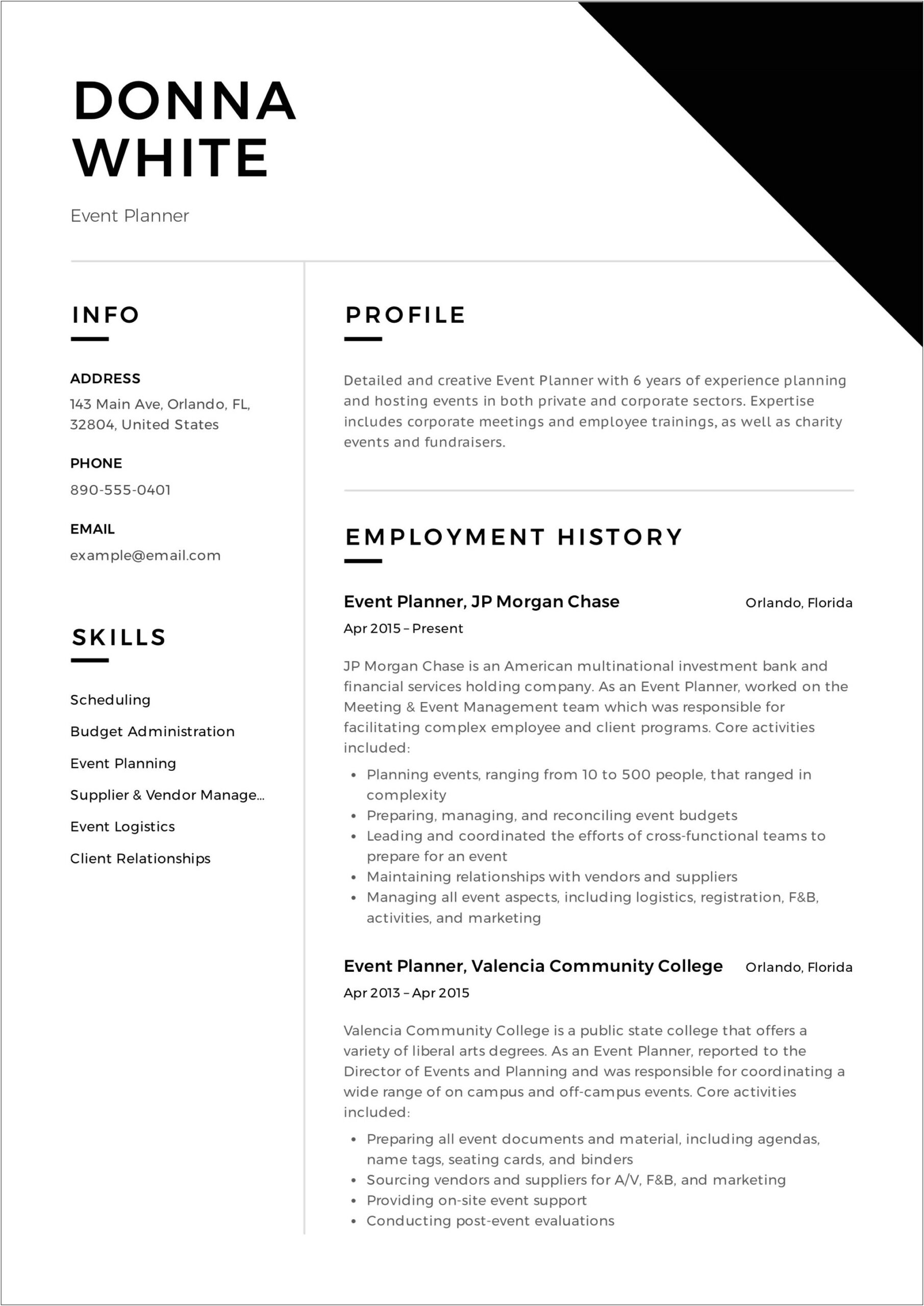 Resume For Event Management Company