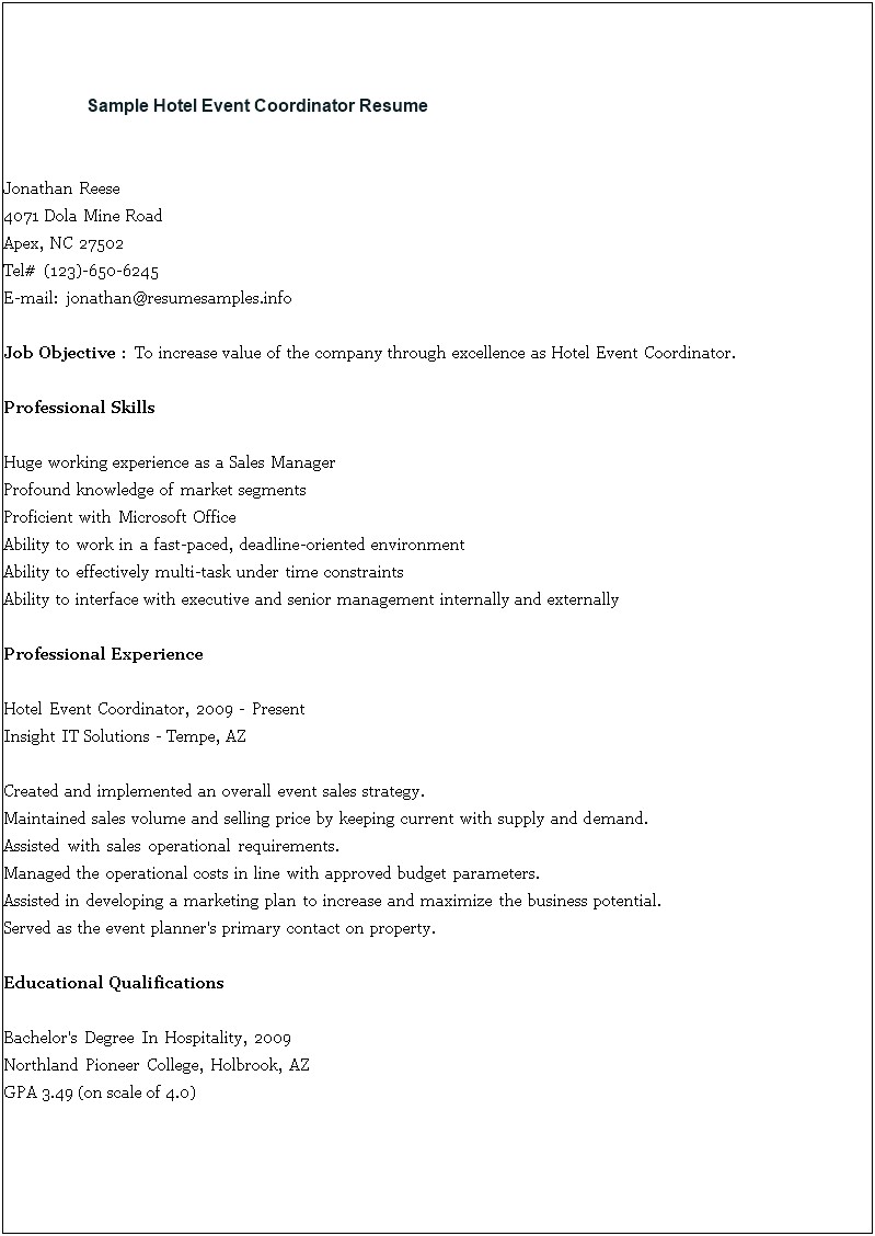 Resume For Event Planner Objective
