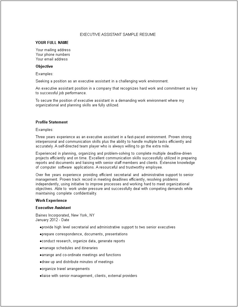 Resume For Executive Assistant Job