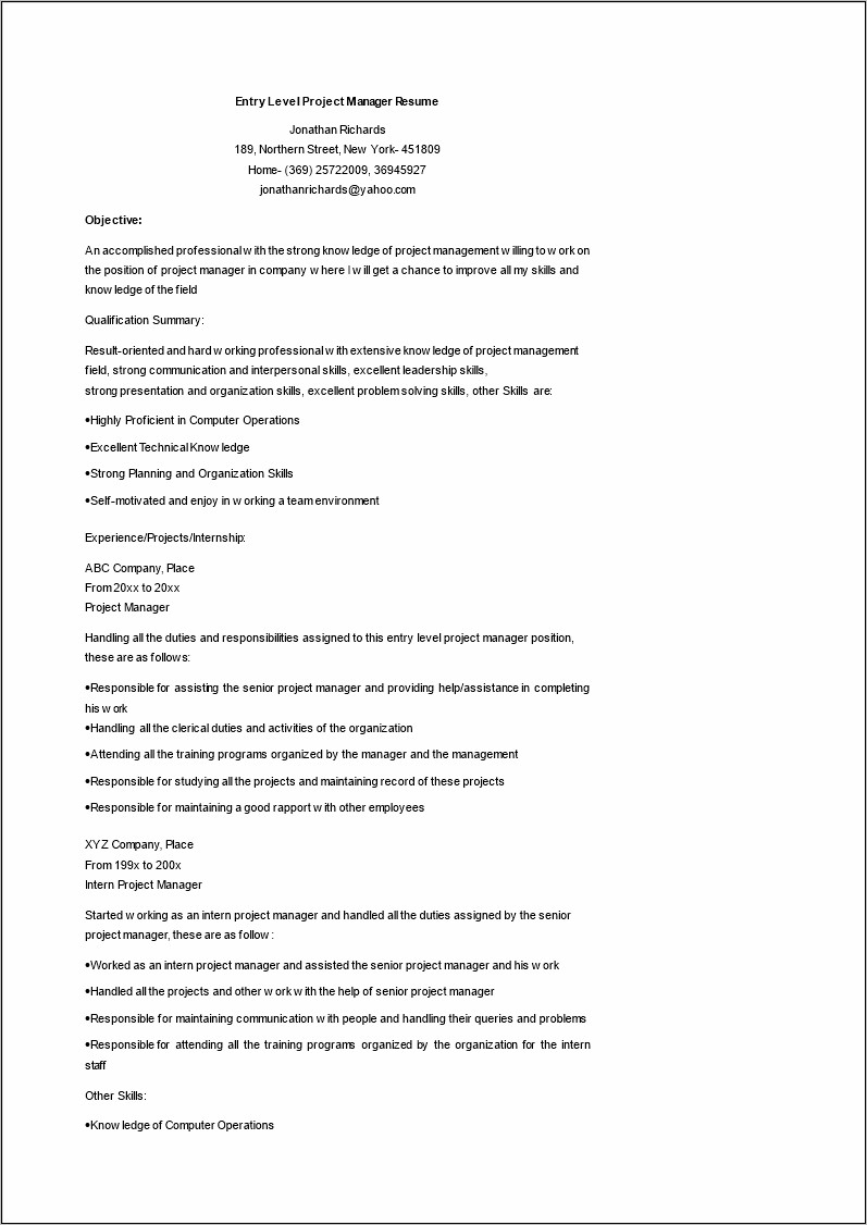 Resume For Experienced Project Manager