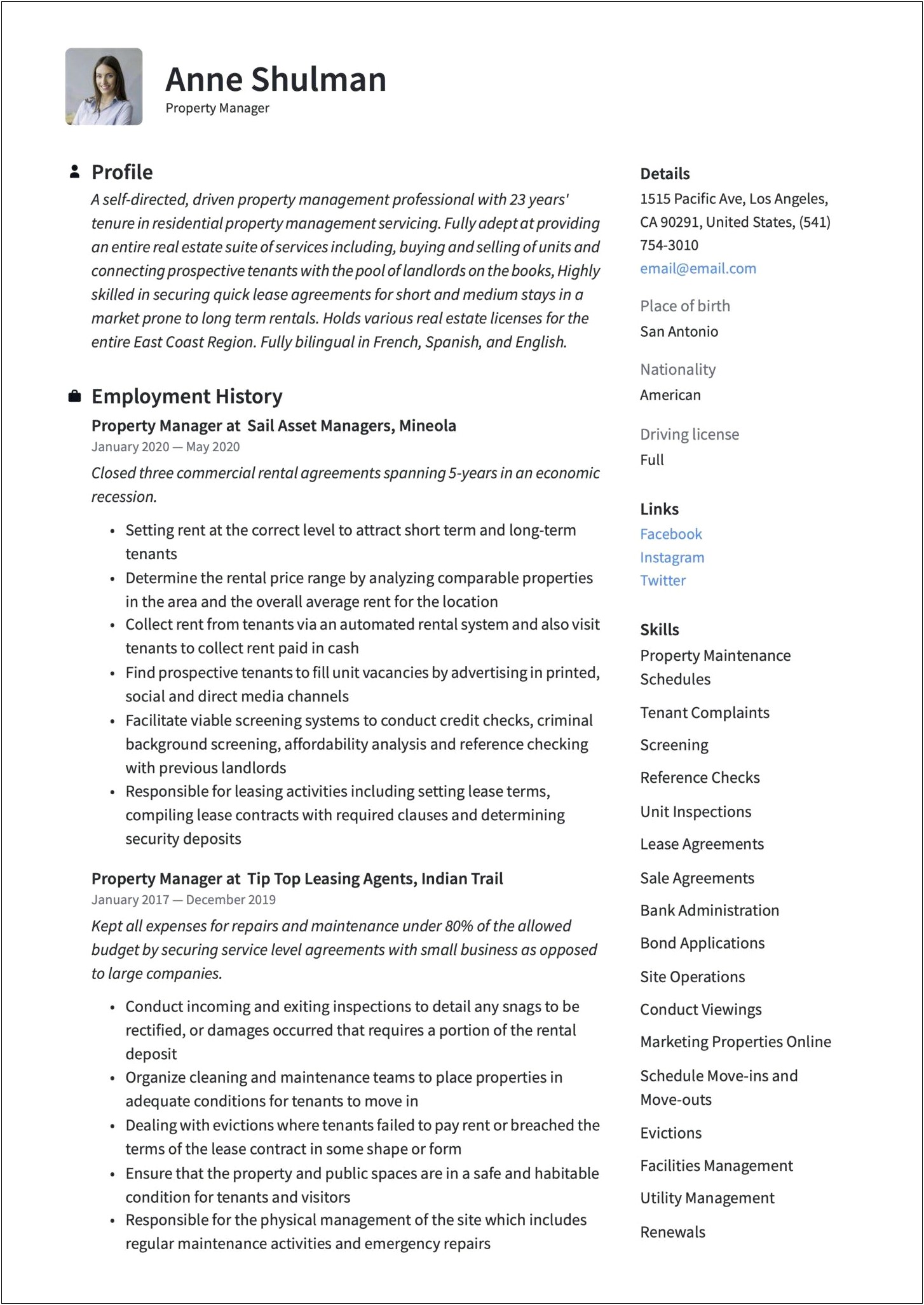 Resume For Facilities Manager Template