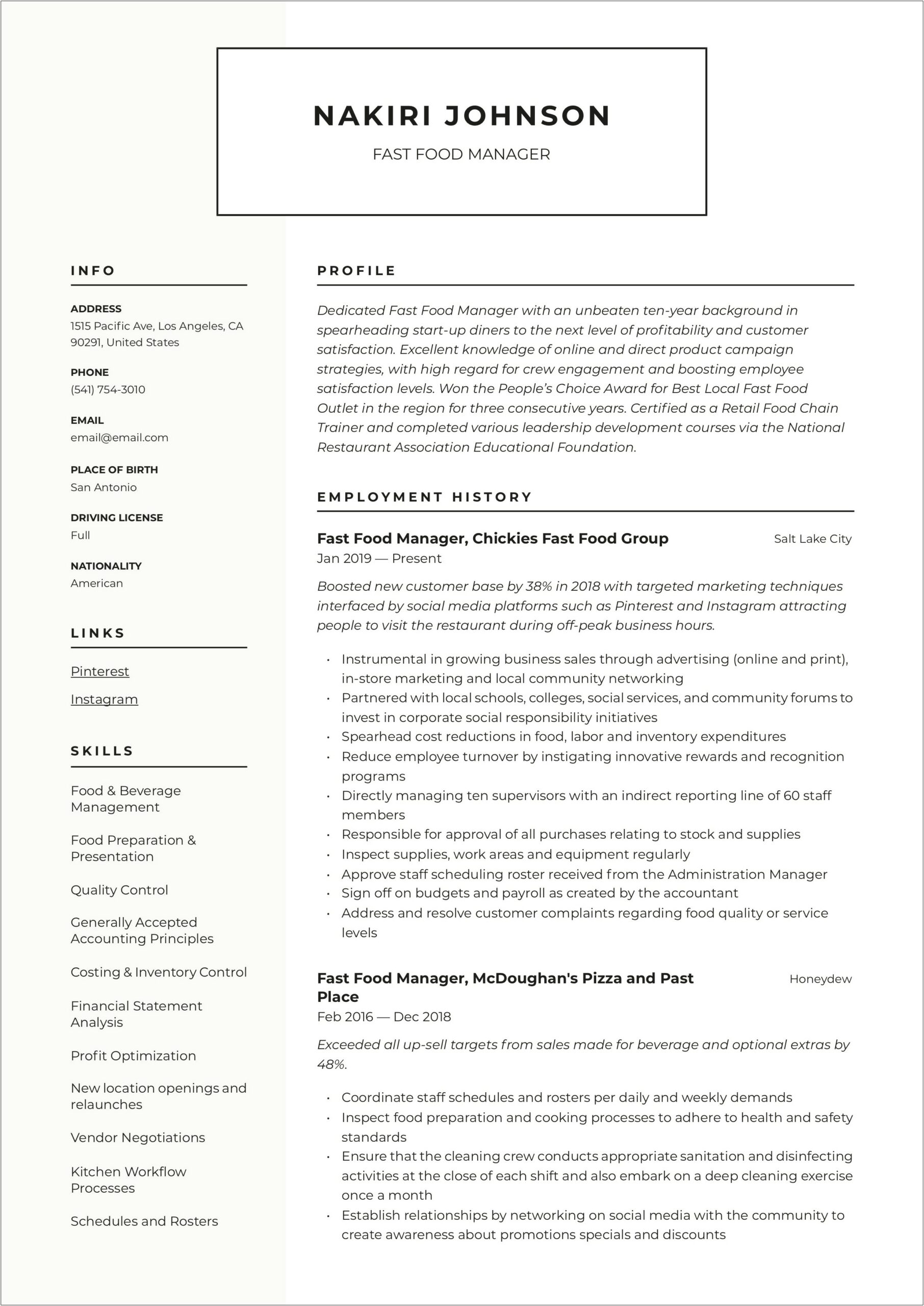 Resume For Fast Food Chain Without Experience