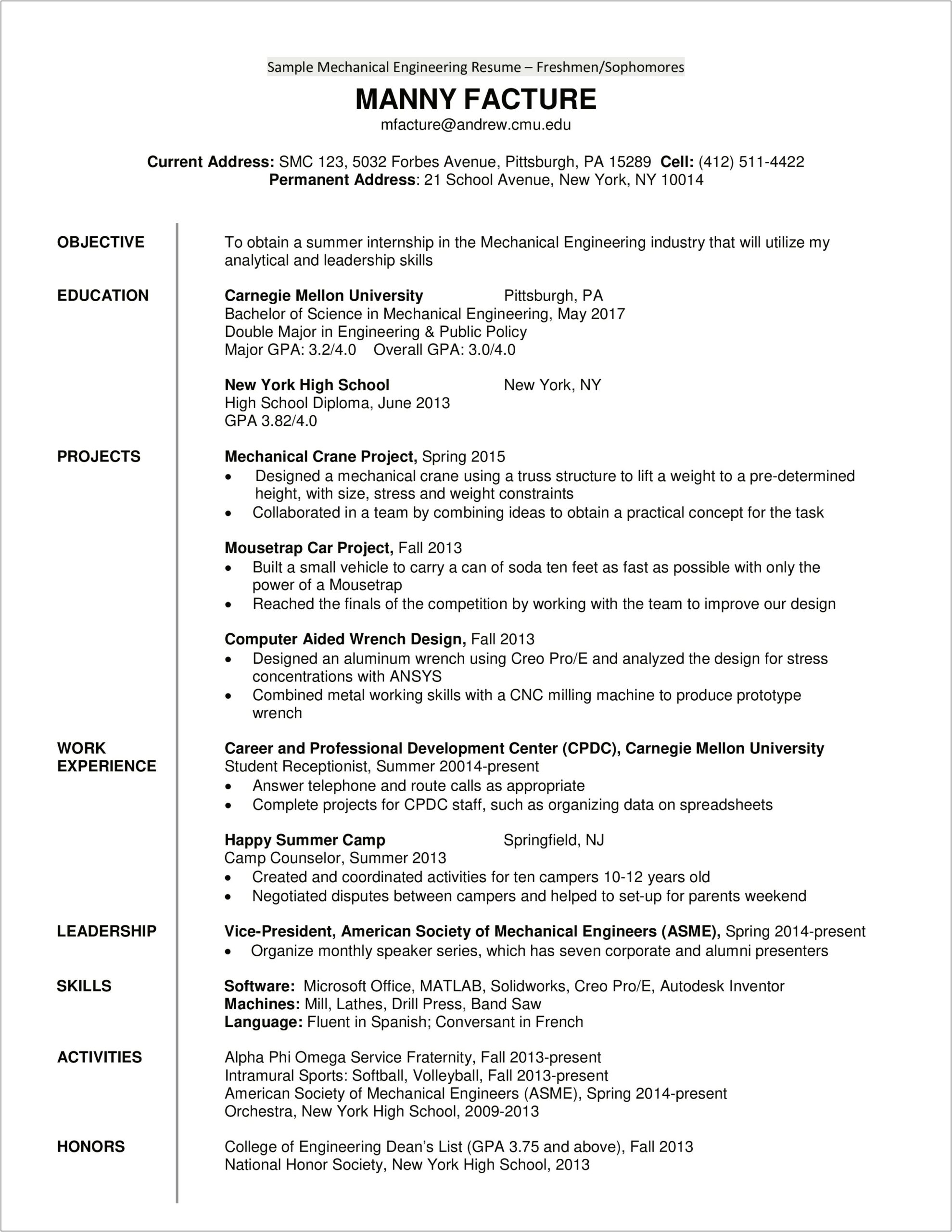 Resume For First Job After College Engineering
