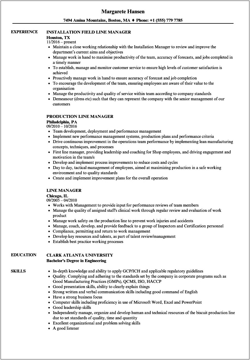 Resume For First Line Manager