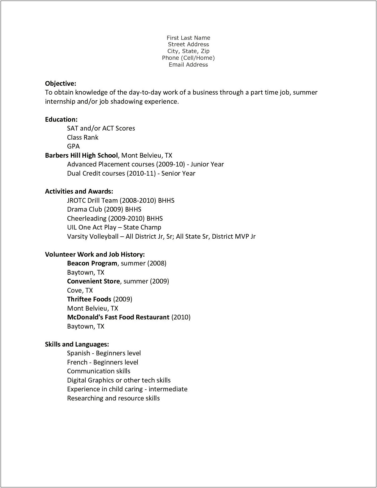 Resume For First Time Job Student