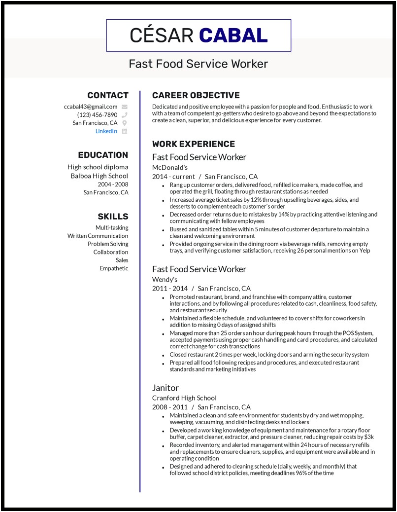 Resume For Food Service Worker In School
