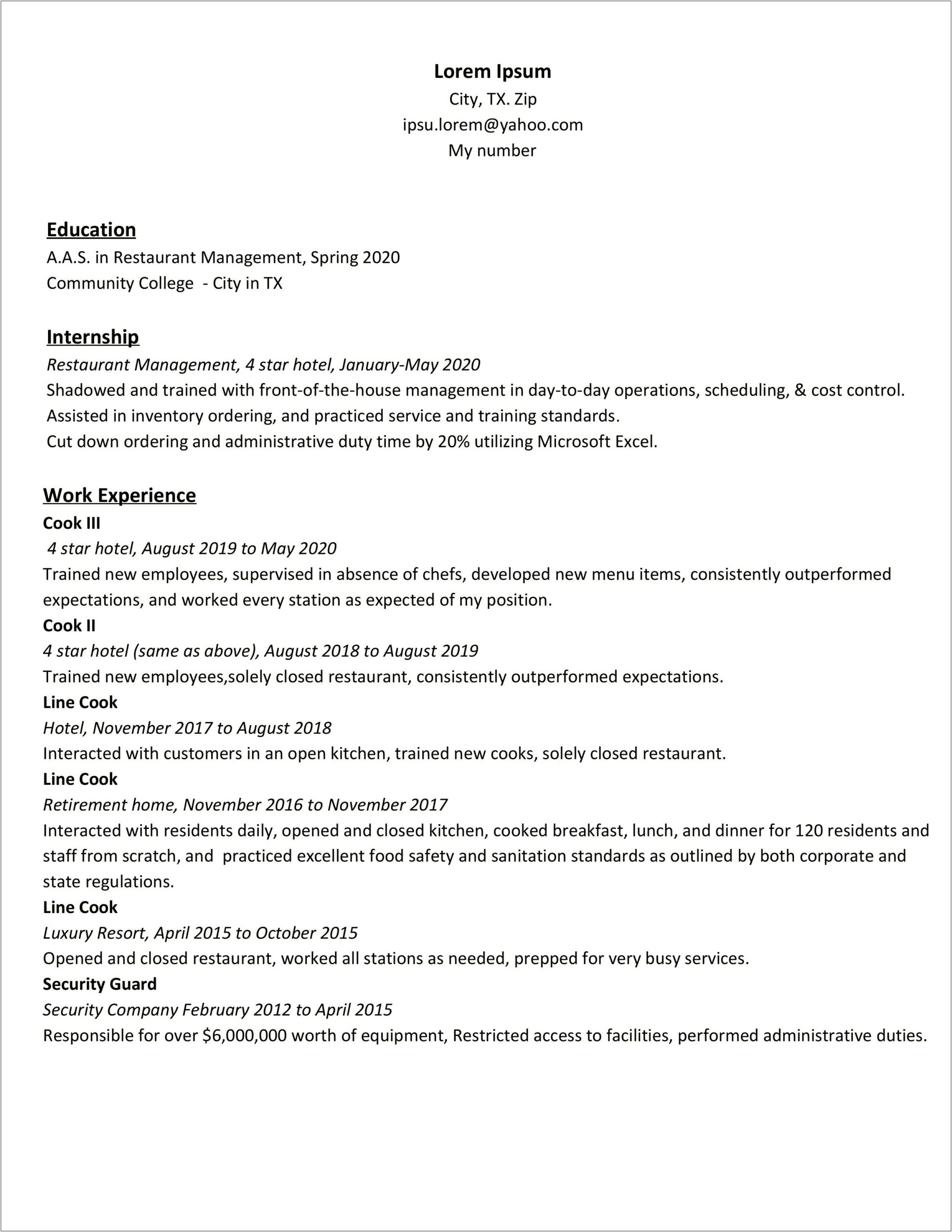 Resume For Front Of House Restaurant Manager