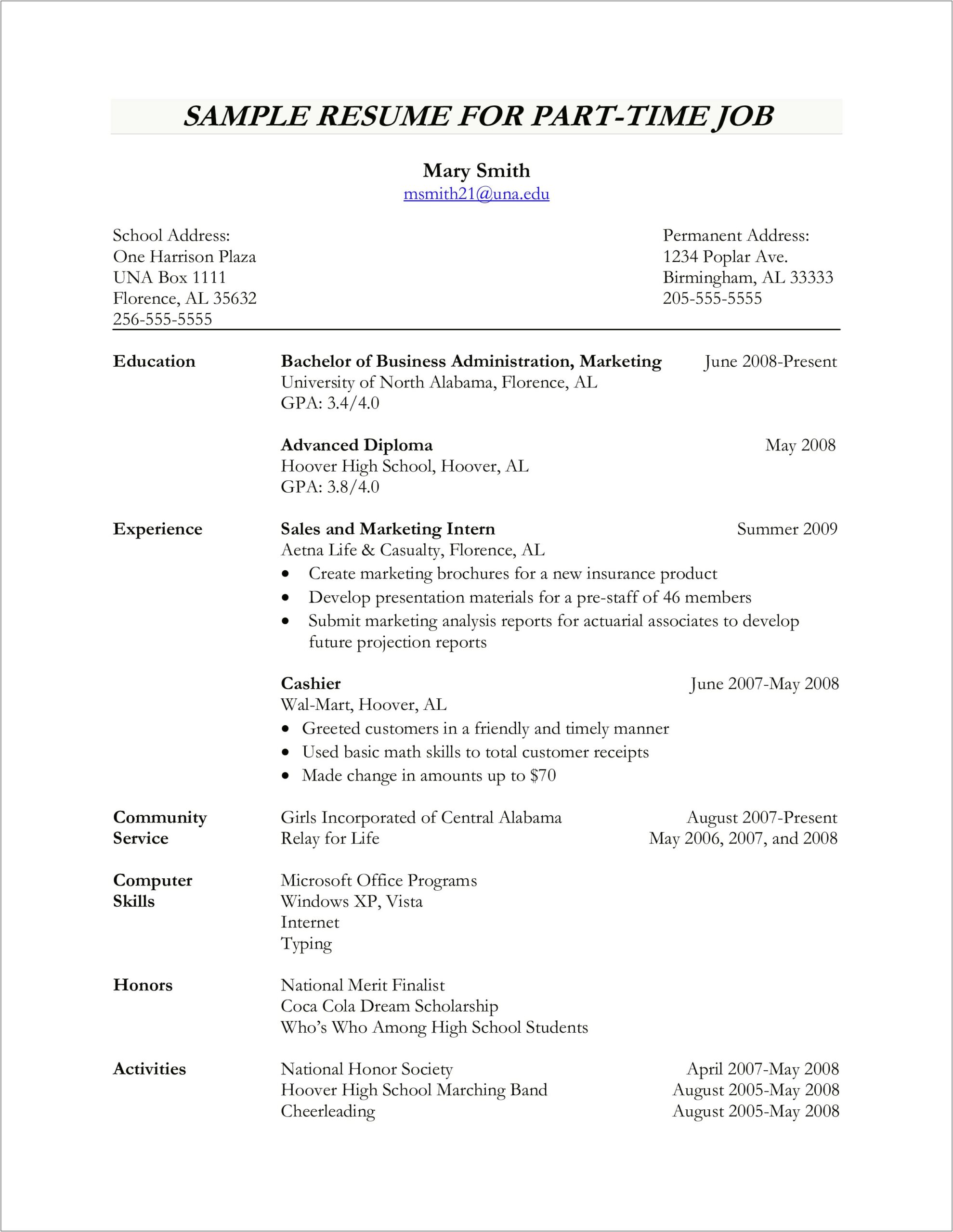 Resume For Full Time Job Out Of College