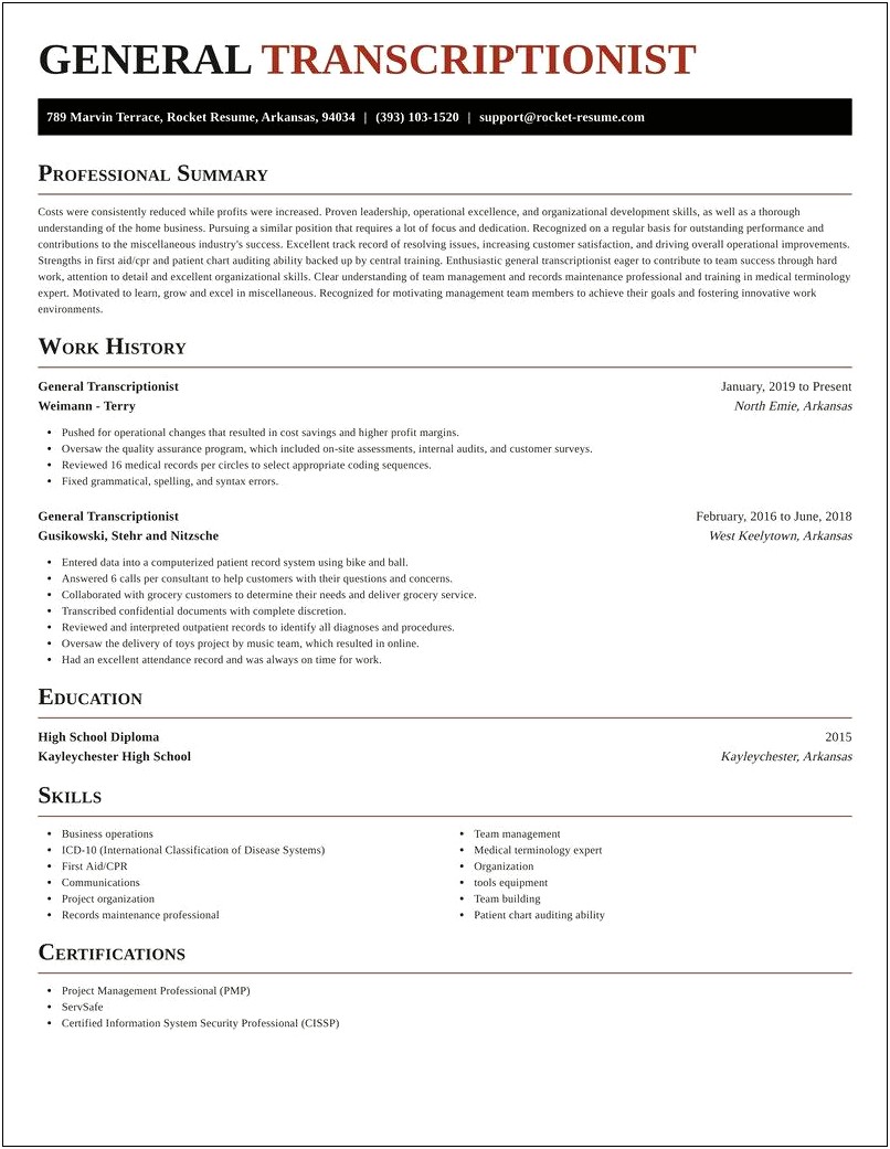 Resume For General Transcriptionist Job