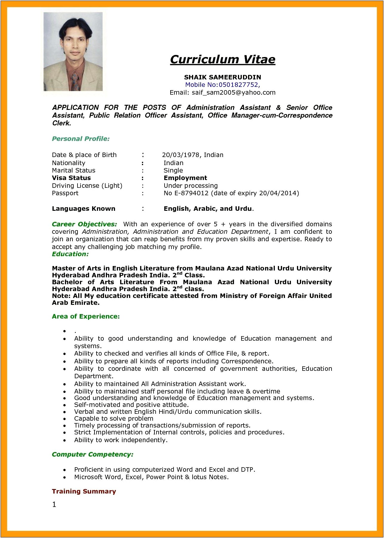 Resume For Government Jobs In India