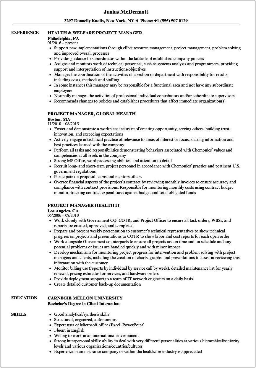 Resume For Health Insurance Job