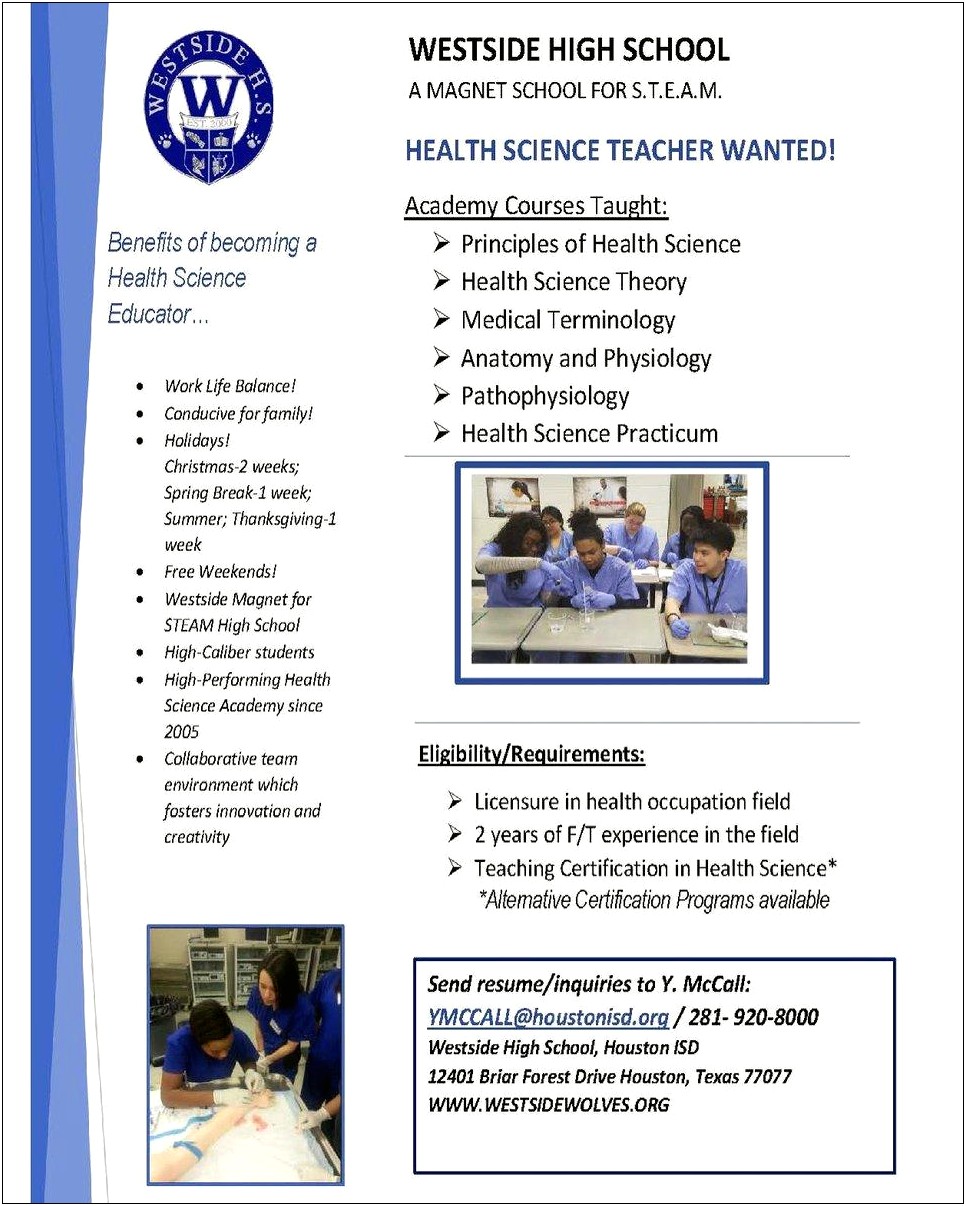 Resume For Health Science Teacher High School