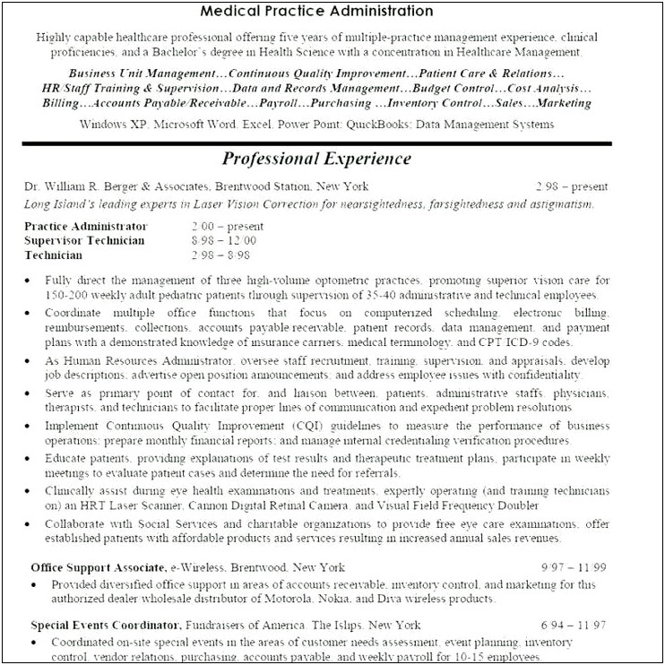 Resume For Healthcare Manager Position