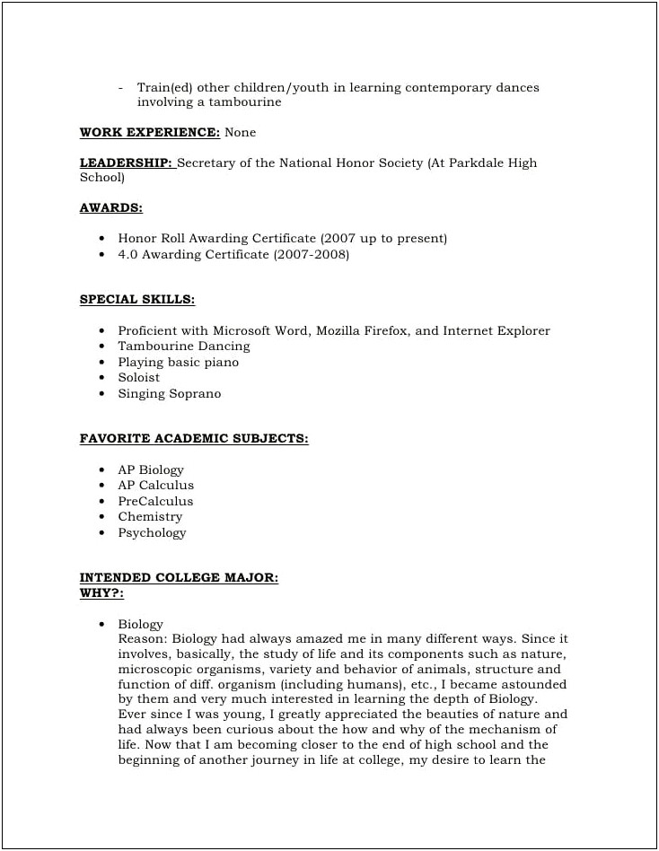Resume For High School Recommendation Letter