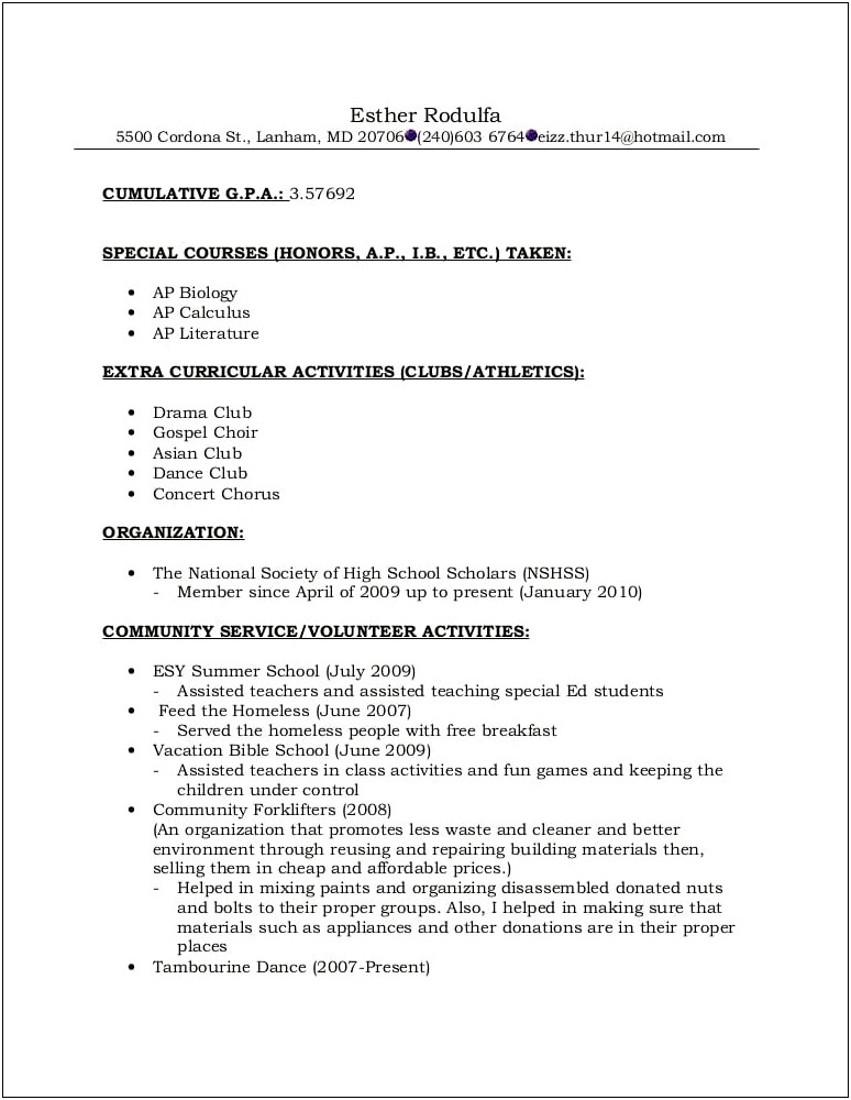 Resume For High School Student Applying To College