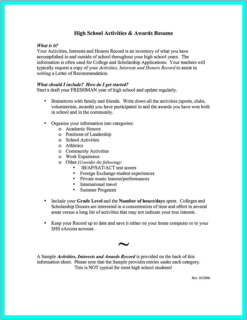 Resume For High School Student Recommendation Letter