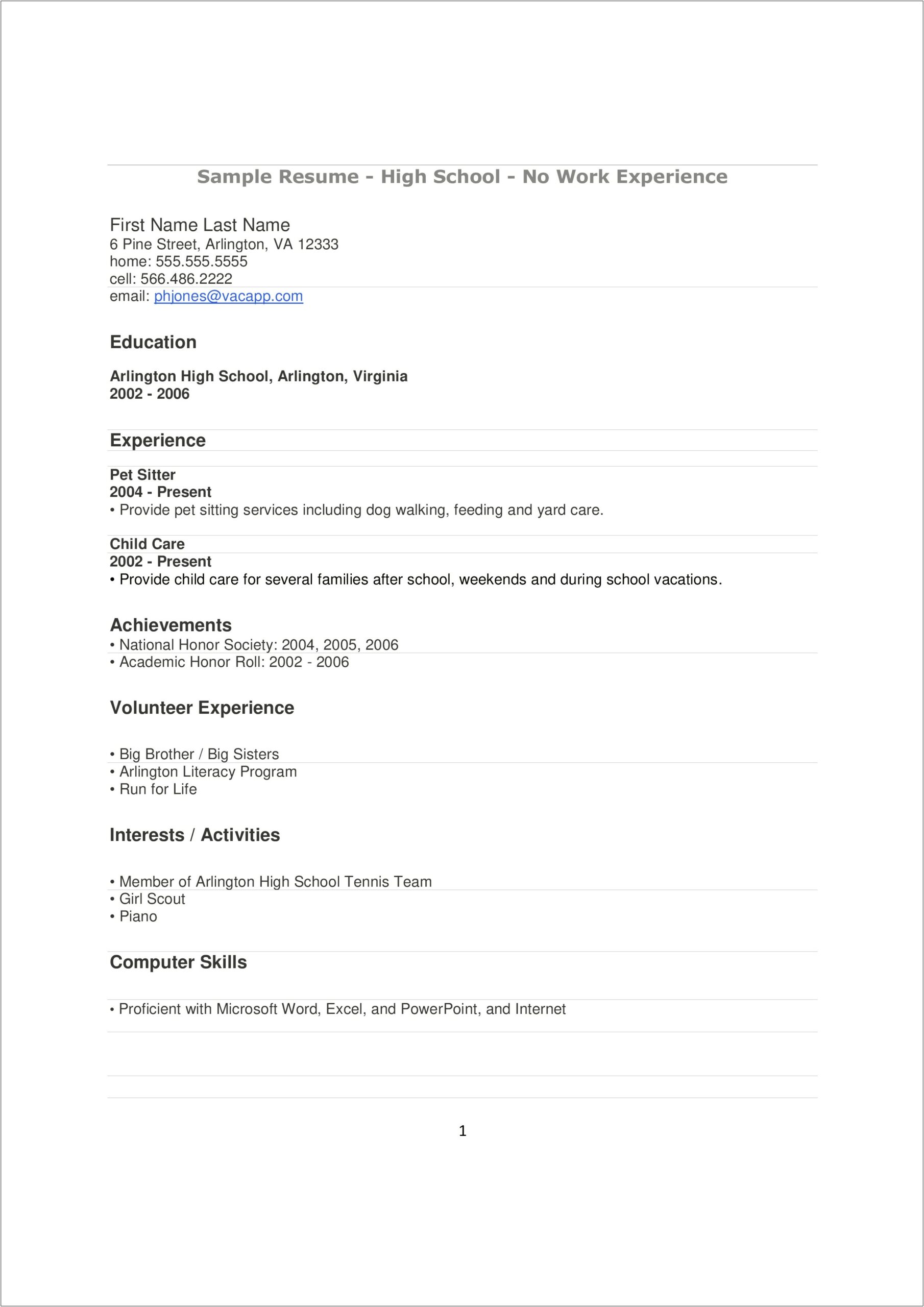 Resume For High Schooler No Work Experience