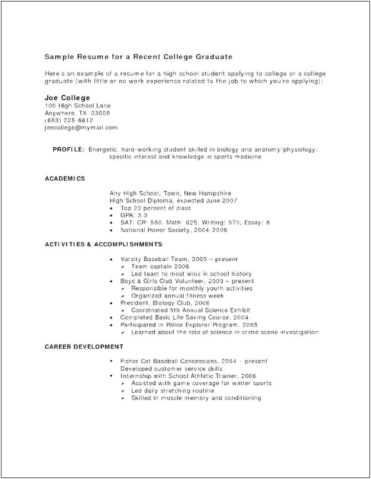 Resume For Highschool Graduate With No Job Experience