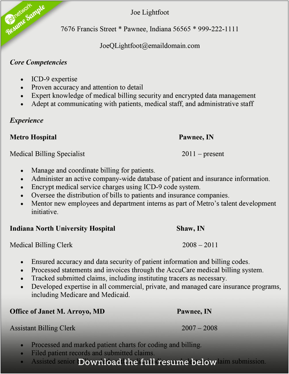 Resume For Hospital Billing Manager
