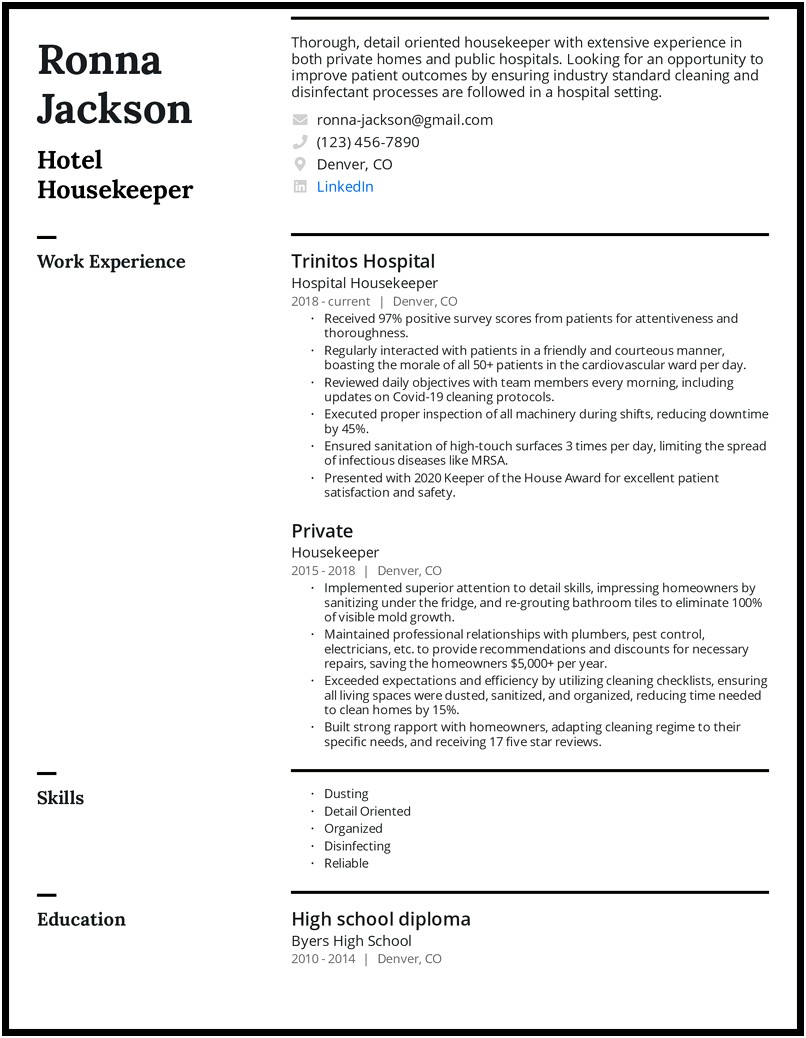Resume For Hospital Housekeeping Job