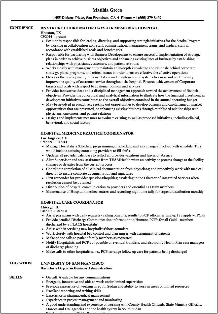 Resume For Hospital Staffing Coordinator Job Description