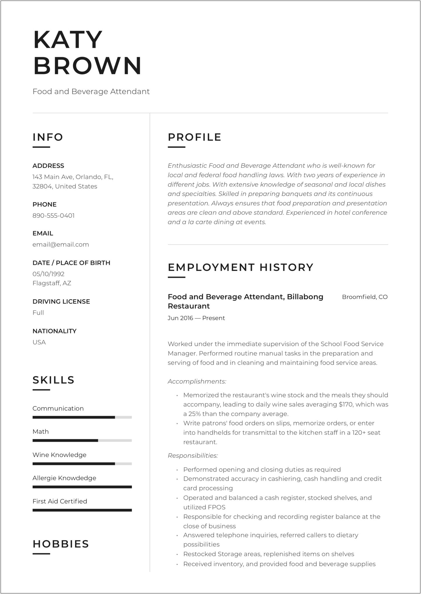 Resume For Hospitality Job With No Experience