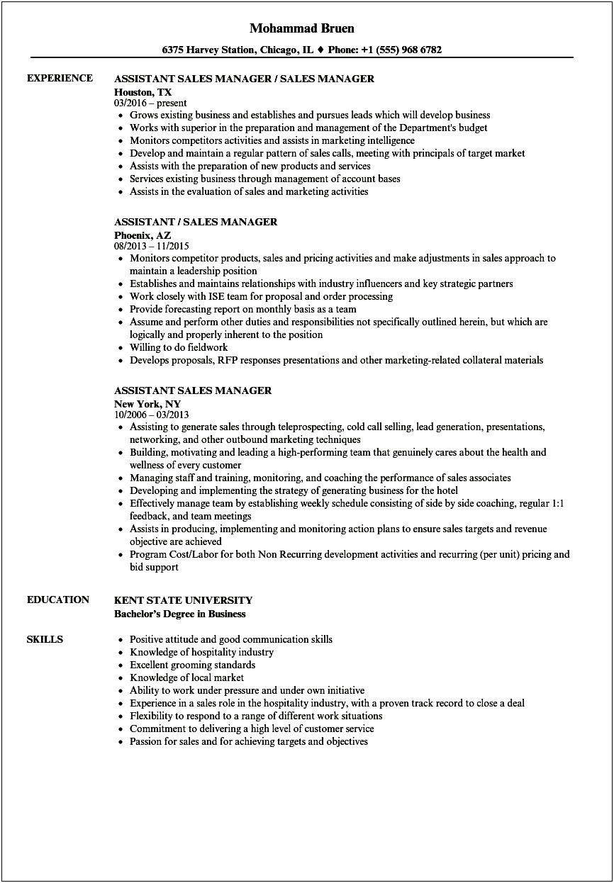Resume For Hospitality Sales Manager
