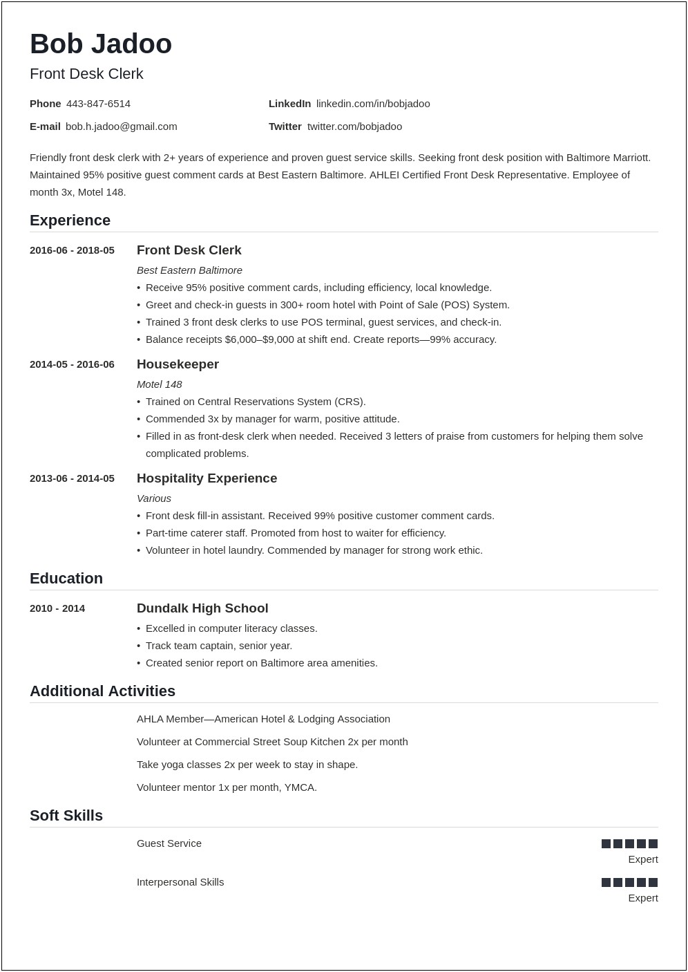 Resume For Hotel Job With Experience Pdf