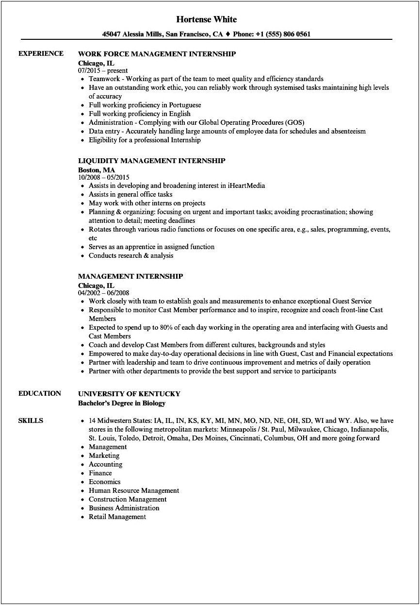Resume For Hotel Management Internship Pdf