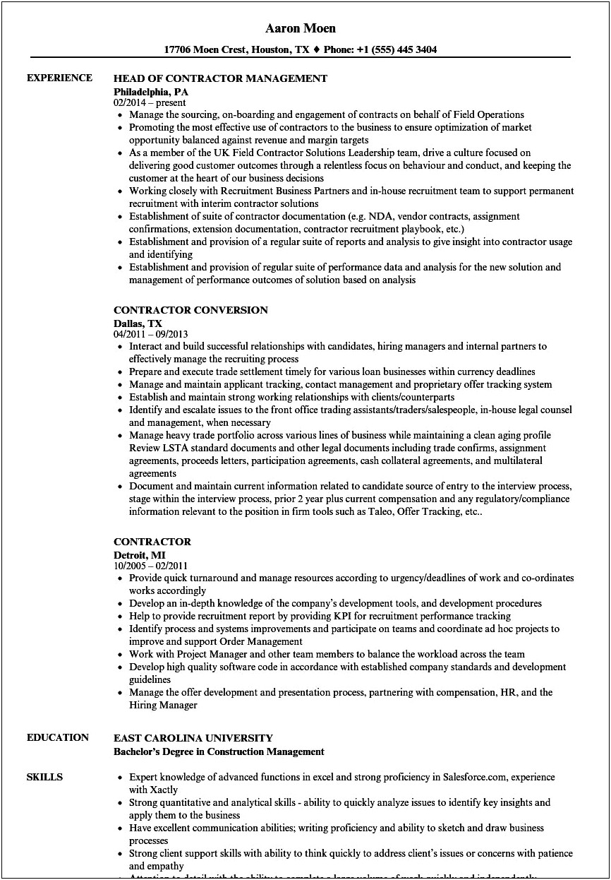 Resume For Independent Contractor Free Template