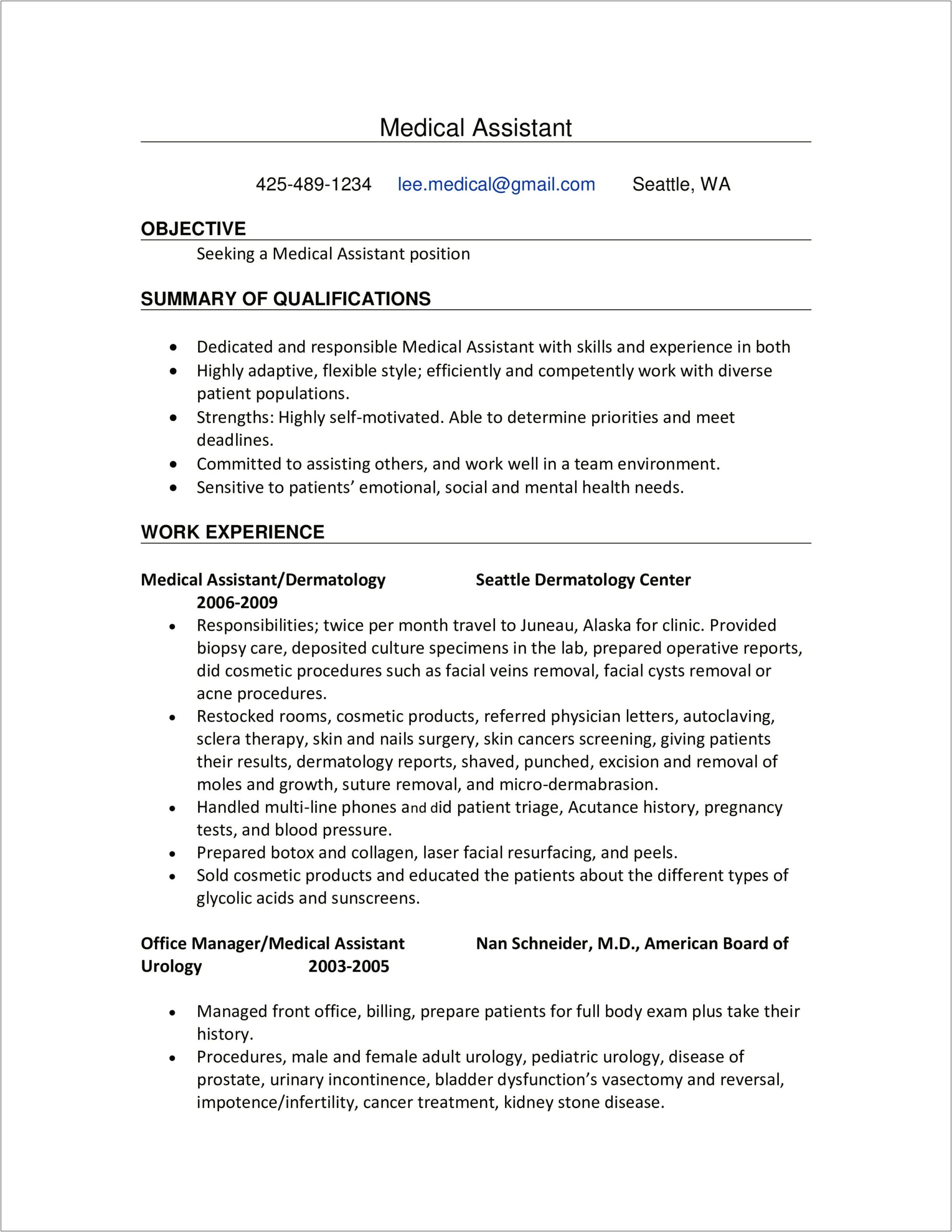 Resume For Internship With No Experience Medical Field