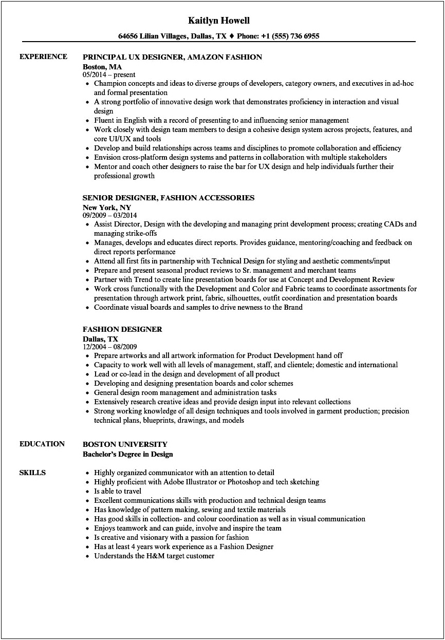Resume For Job In Fashion