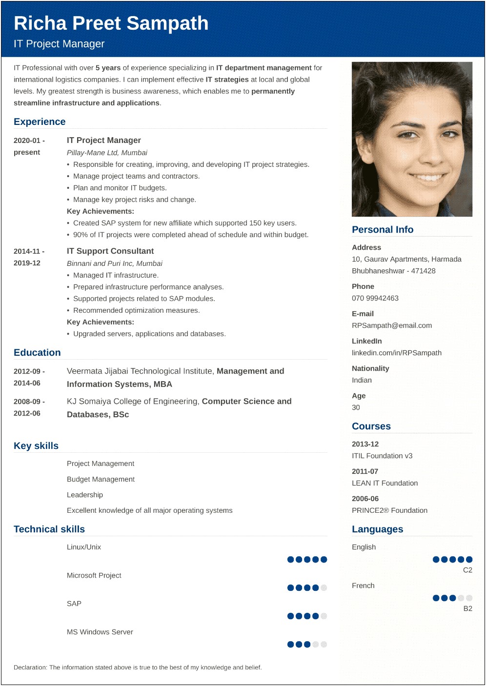 Resume For Job In India