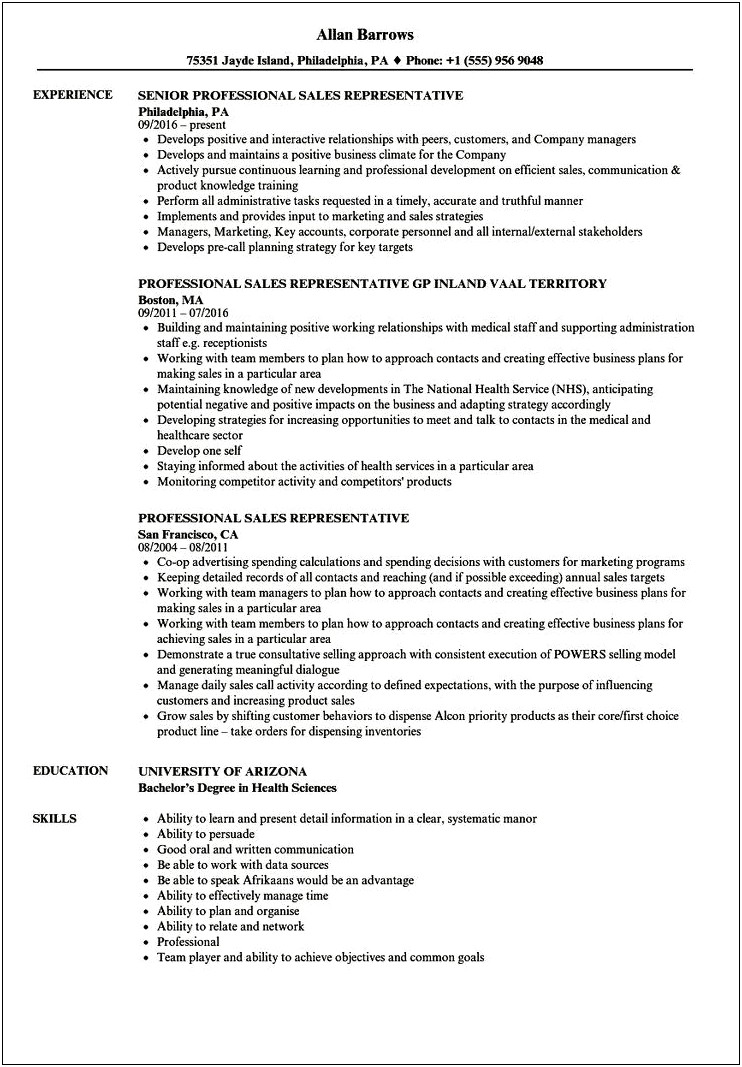 Resume For Job Of Medical Representative