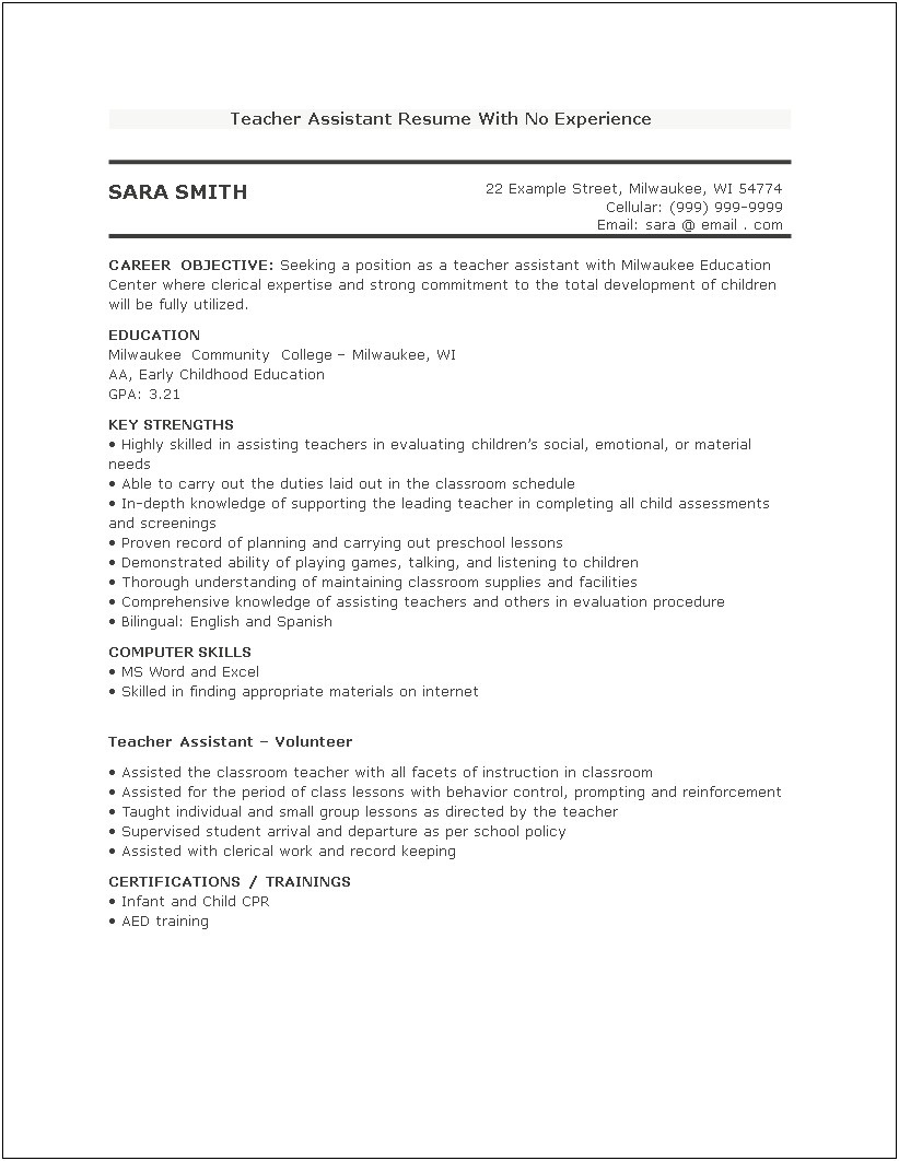 Resume For Kindergarten Teacher Without Experience
