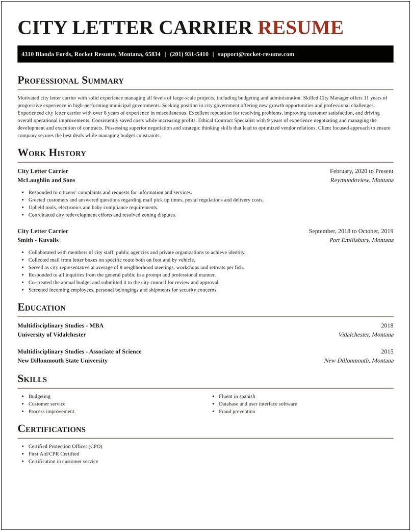 Resume For Letter Carriers Sample