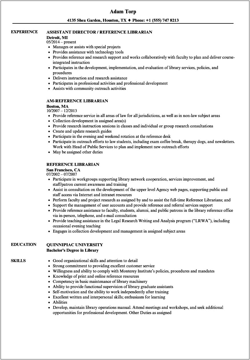 Resume For Library Manager Position