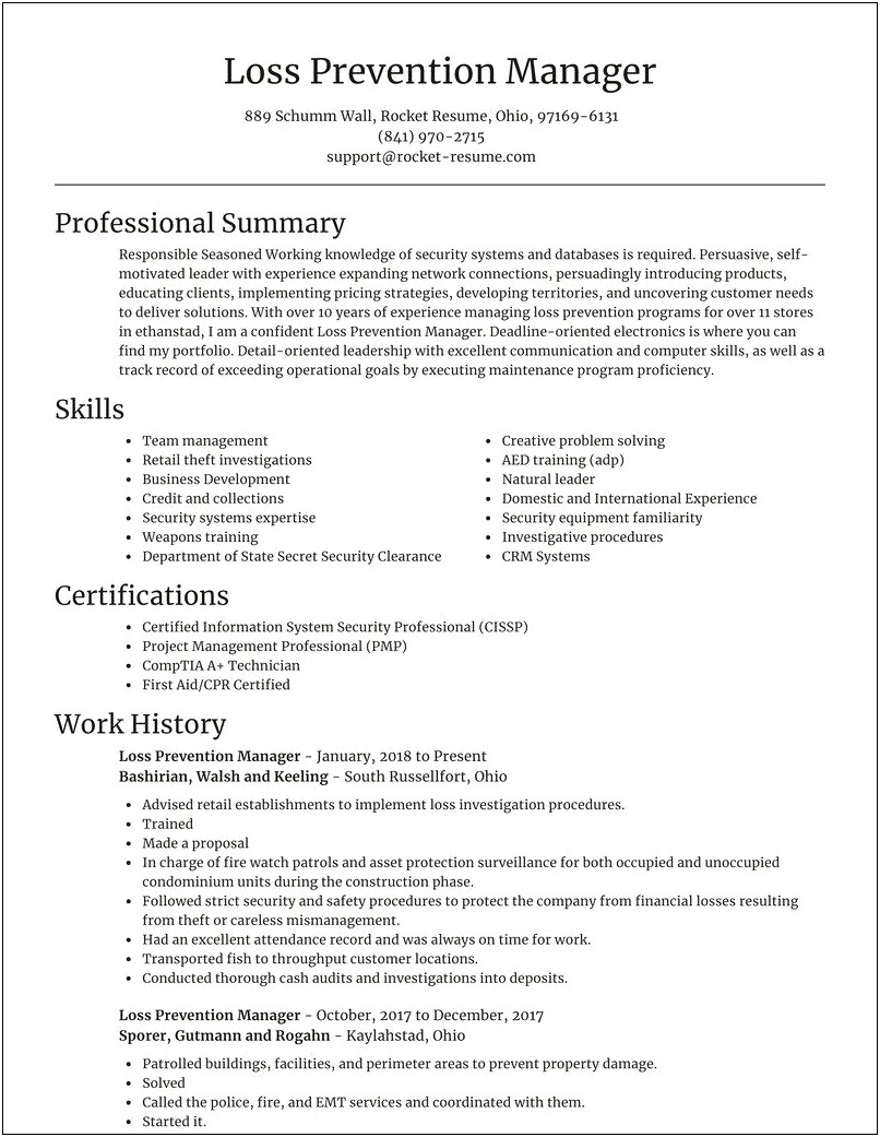 Resume For Loss Prevention Manager