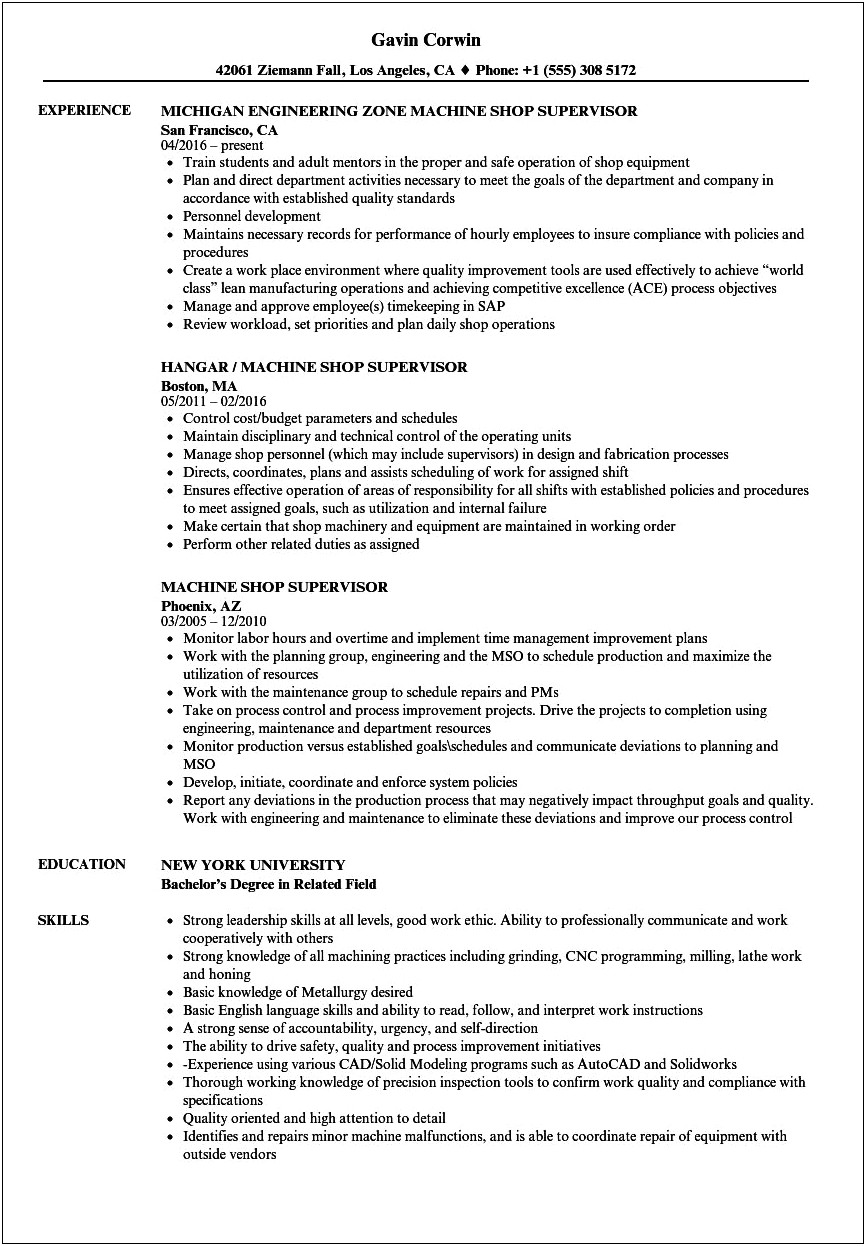 Resume For Machine Shop Manager