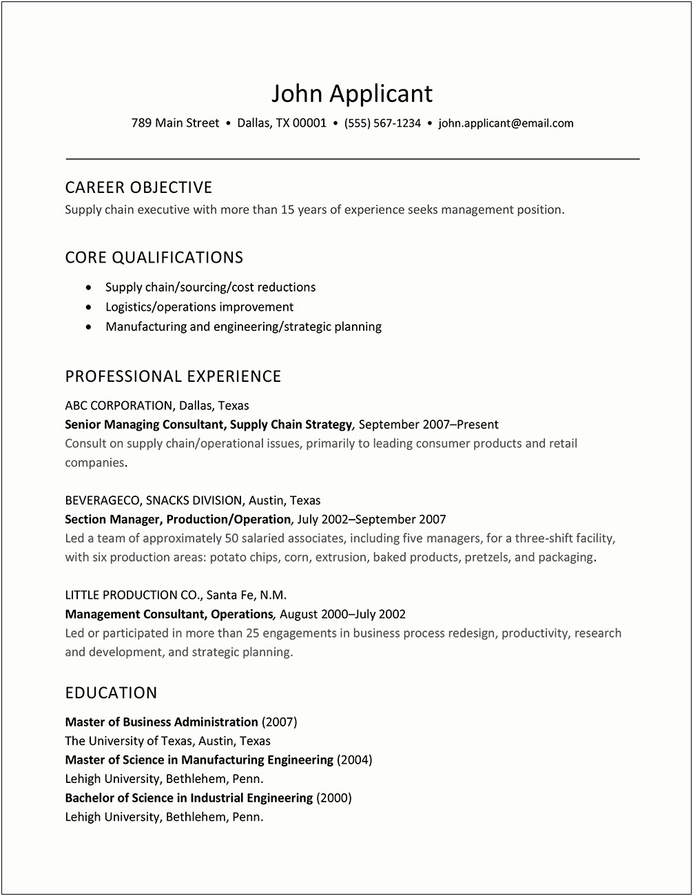 Resume For Management Position Examples