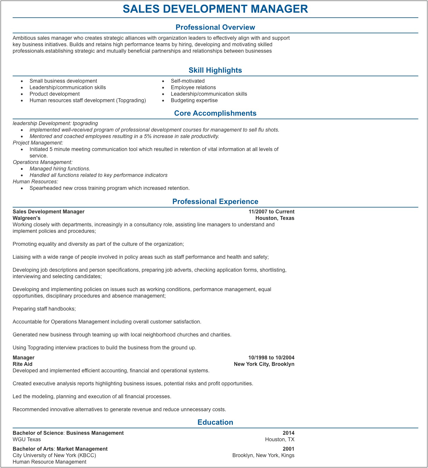 Resume For Management Position Objective