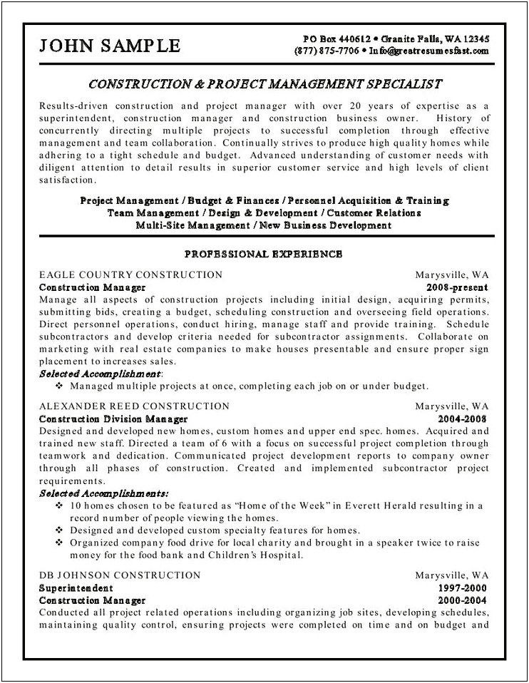Resume For Management Position Samples