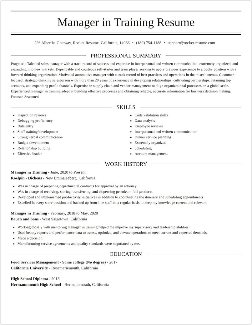 Resume For Manager In Training Position