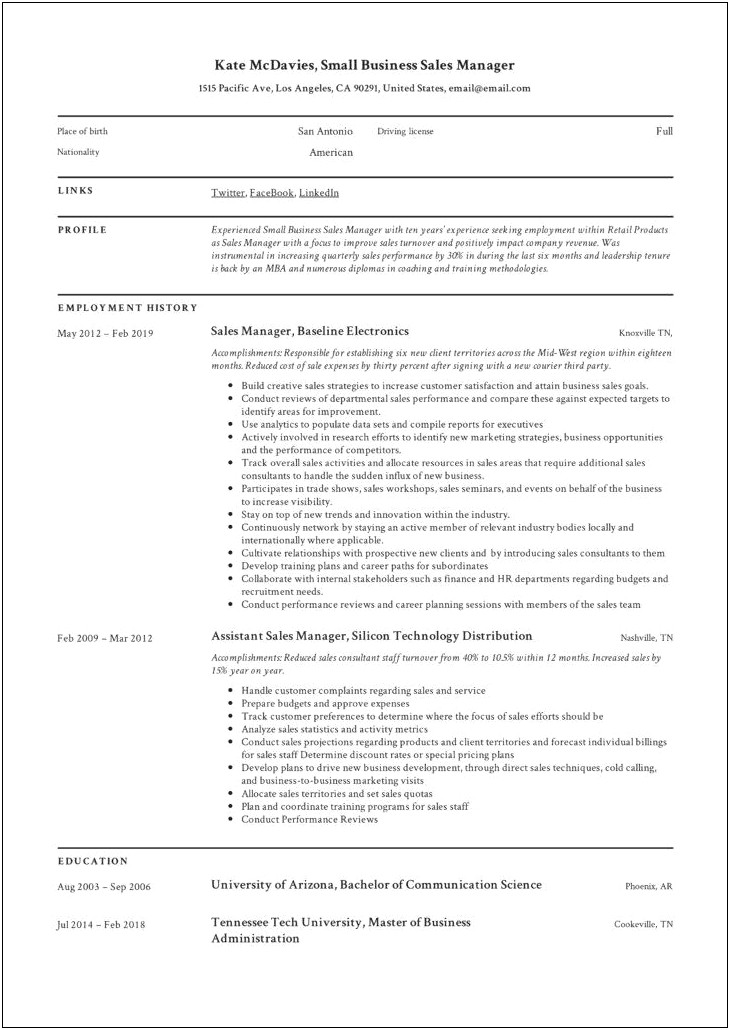 Resume For Manager Of Small Business