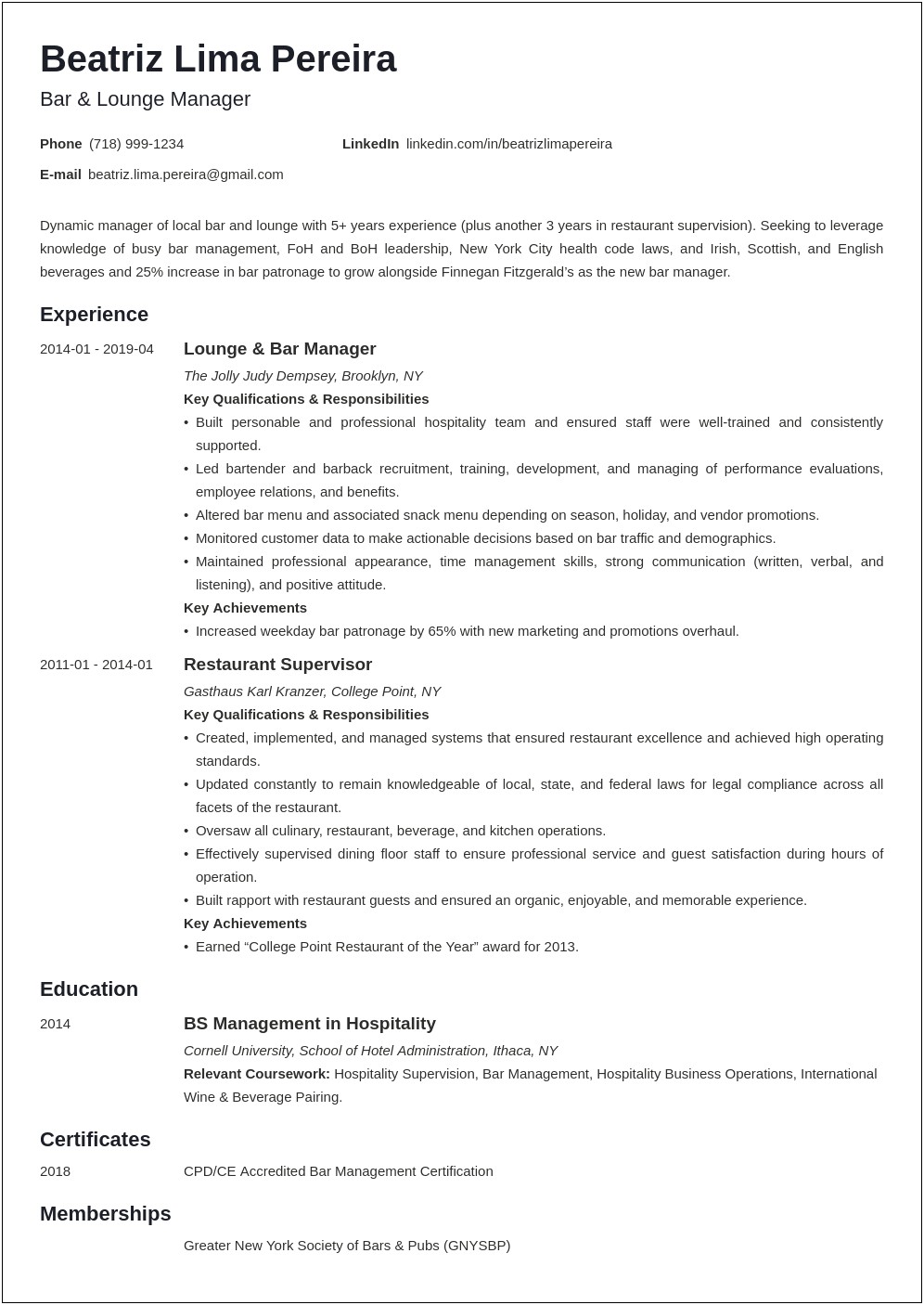 Resume For Manager On Duty
